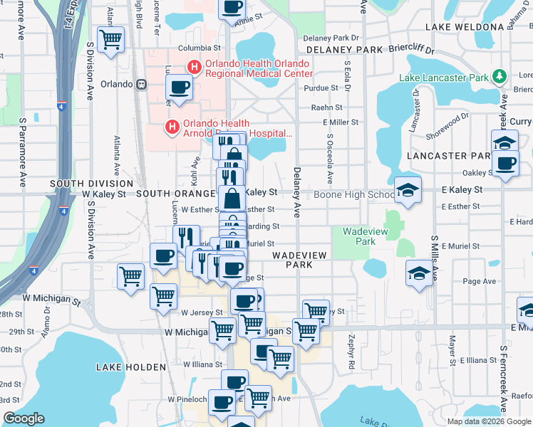 map of restaurants, bars, coffee shops, grocery stores, and more near 217 East Esther Street in Orlando