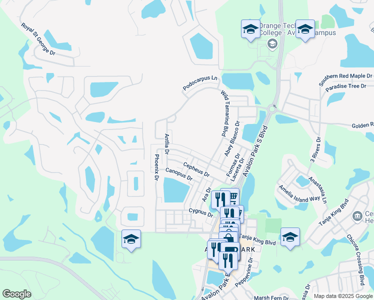 map of restaurants, bars, coffee shops, grocery stores, and more near 13667 Phoenix Drive in Orlando