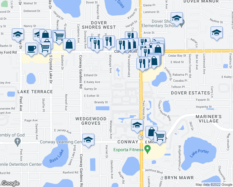 map of restaurants, bars, coffee shops, grocery stores, and more near 1944 South Conway Road in Orlando