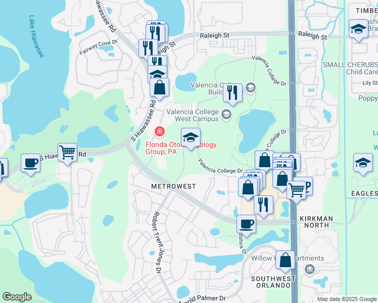 map of restaurants, bars, coffee shops, grocery stores, and more near 2145 Metrocenter Boulevard in Orlando