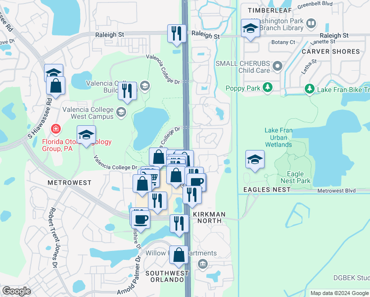 map of restaurants, bars, coffee shops, grocery stores, and more near 1900 South Kirkman Road in Orlando