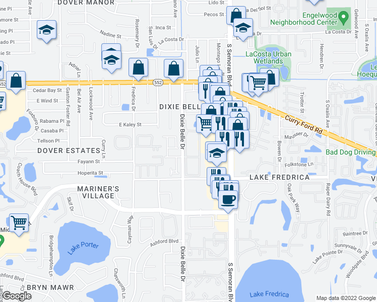 map of restaurants, bars, coffee shops, grocery stores, and more near 2025 Dixie Belle Drive in Orlando