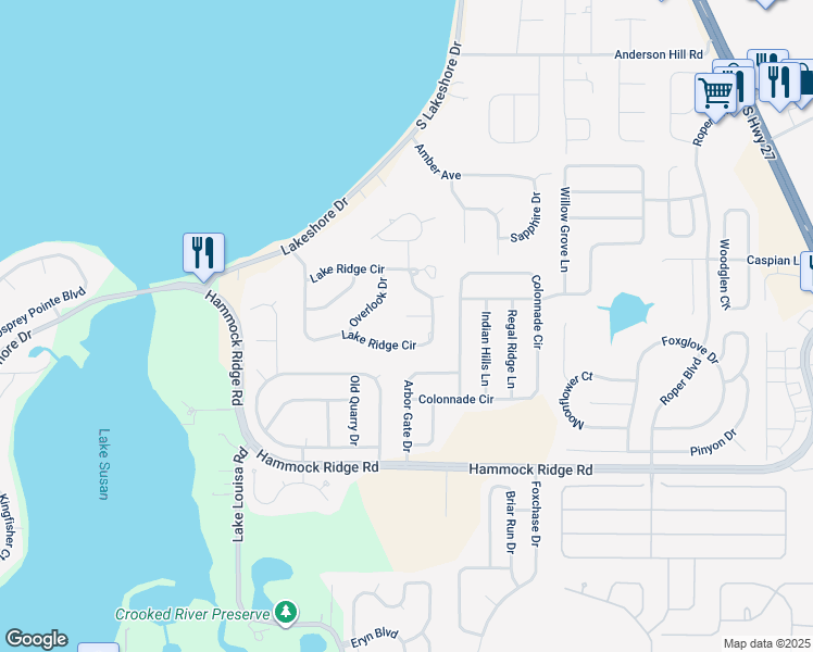 map of restaurants, bars, coffee shops, grocery stores, and more near 11812 Ridge View Circle in Clermont