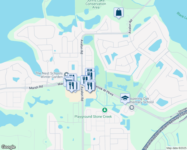 map of restaurants, bars, coffee shops, grocery stores, and more near 1131 Priory Circle in Winter Garden