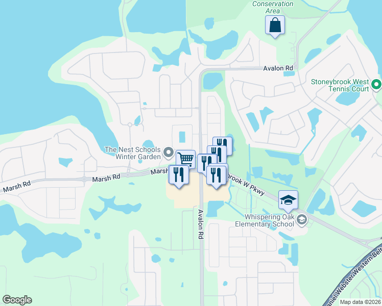 map of restaurants, bars, coffee shops, grocery stores, and more near 1033 Vinsetta Circle in Winter Garden