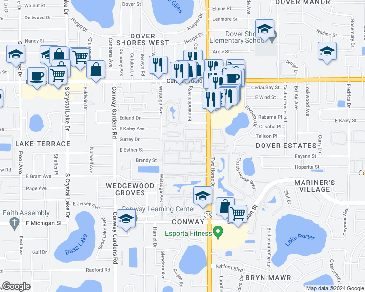 map of restaurants, bars, coffee shops, grocery stores, and more near 1932 South Conway Road in Orlando