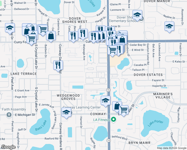 map of restaurants, bars, coffee shops, grocery stores, and more near 1932 South Conway Road in Orlando