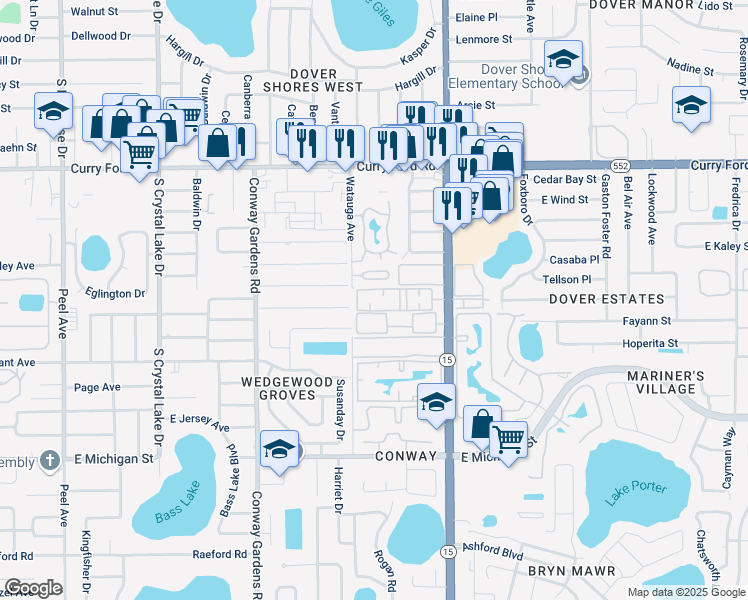 map of restaurants, bars, coffee shops, grocery stores, and more near 1940 South Conway Road in Orlando