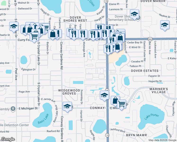 map of restaurants, bars, coffee shops, grocery stores, and more near 1940 South Conway Road in Orlando