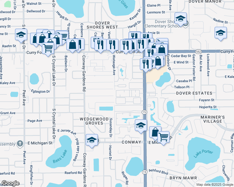 map of restaurants, bars, coffee shops, grocery stores, and more near 1940 South Conway Road in Orlando