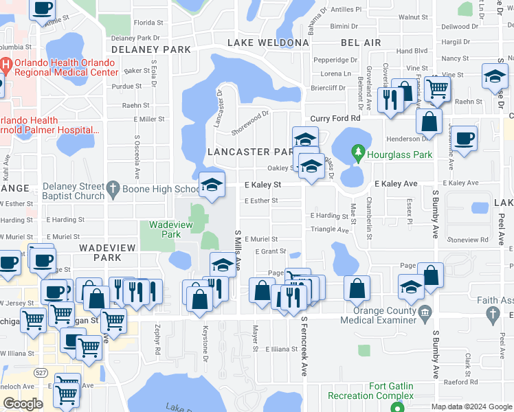 map of restaurants, bars, coffee shops, grocery stores, and more near 1307 East Esther Street in Orlando