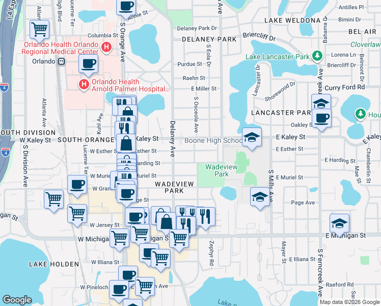 map of restaurants, bars, coffee shops, grocery stores, and more near 505 South Osceola Avenue in Orlando
