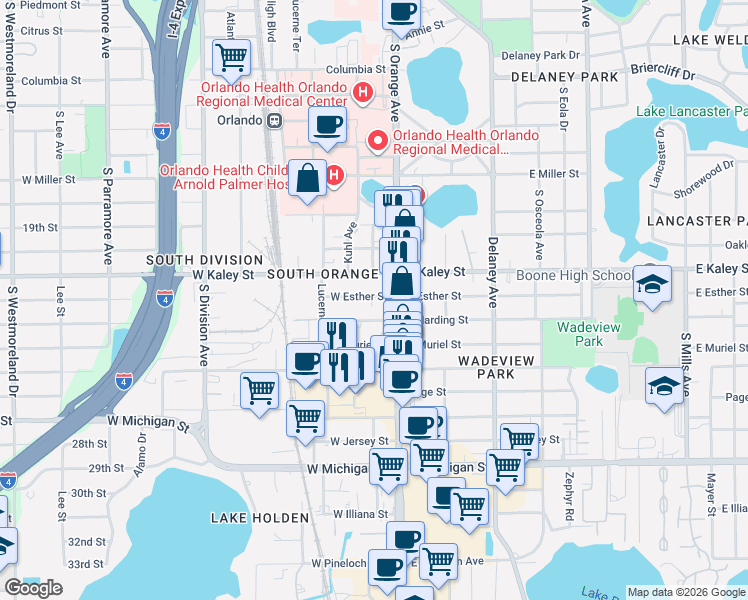 map of restaurants, bars, coffee shops, grocery stores, and more near 47 West Esther Street in Orlando