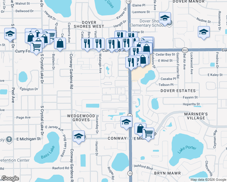 map of restaurants, bars, coffee shops, grocery stores, and more near 1932 South Conway Road in Orlando