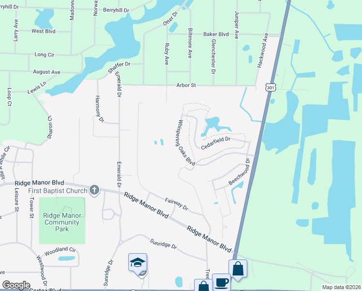 map of restaurants, bars, coffee shops, grocery stores, and more near 34379 Whispering Oaks Boulevard in Ridge Manor
