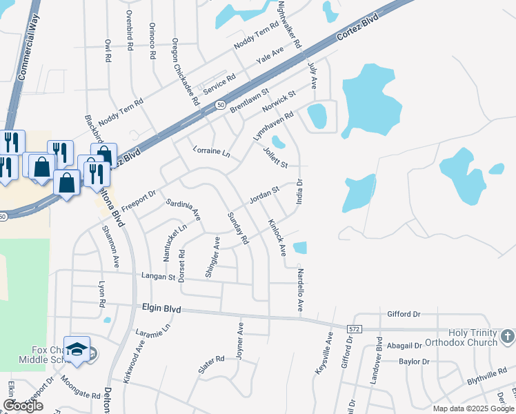 map of restaurants, bars, coffee shops, grocery stores, and more near 6193 Kinlock Avenue in Spring Hill