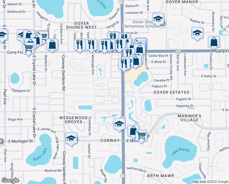 map of restaurants, bars, coffee shops, grocery stores, and more near 1916 South Conway Road in Orlando