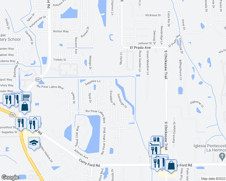 map of restaurants, bars, coffee shops, grocery stores, and more near 1941 Excalibur Drive in Orlando