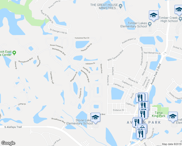 map of restaurants, bars, coffee shops, grocery stores, and more near 14837 Huntley Drive in Orlando