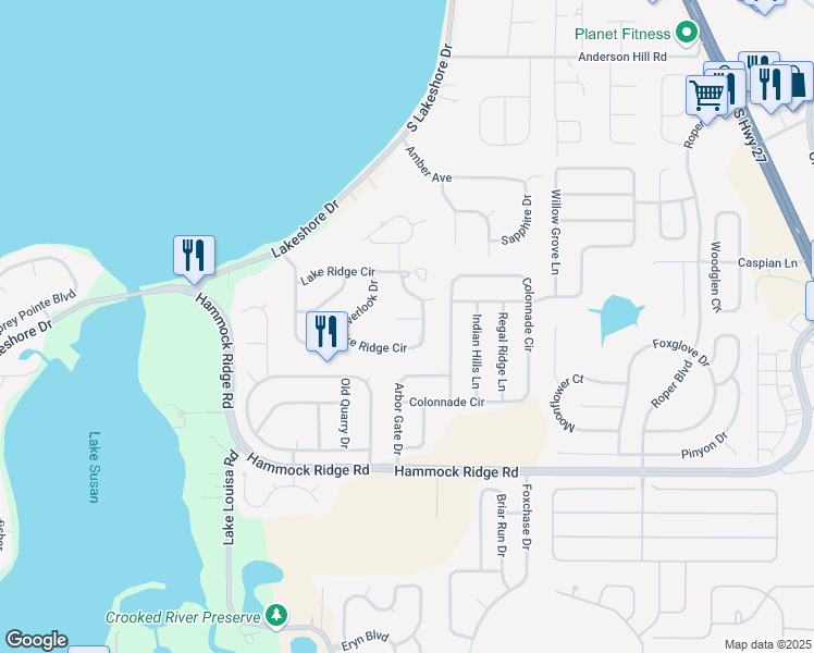 map of restaurants, bars, coffee shops, grocery stores, and more near 11812 Ridge View Circle in Clermont