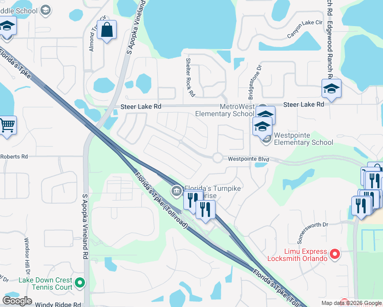 map of restaurants, bars, coffee shops, grocery stores, and more near 7742 Bardmoor Hill Circle in Orlando