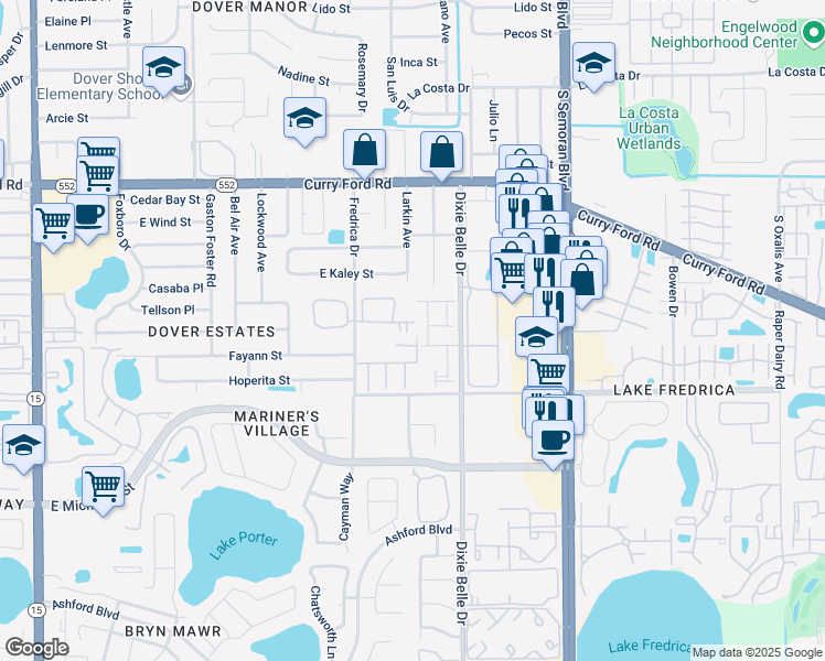 map of restaurants, bars, coffee shops, grocery stores, and more near 2041 English Channel Court in Orlando
