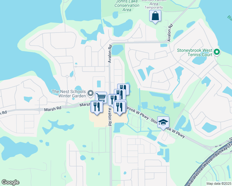map of restaurants, bars, coffee shops, grocery stores, and more near 1102 Priory Circle in Winter Garden