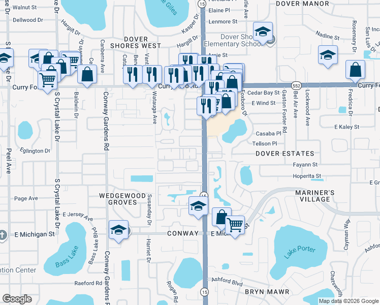 map of restaurants, bars, coffee shops, grocery stores, and more near 1916 South Conway Road in Orlando