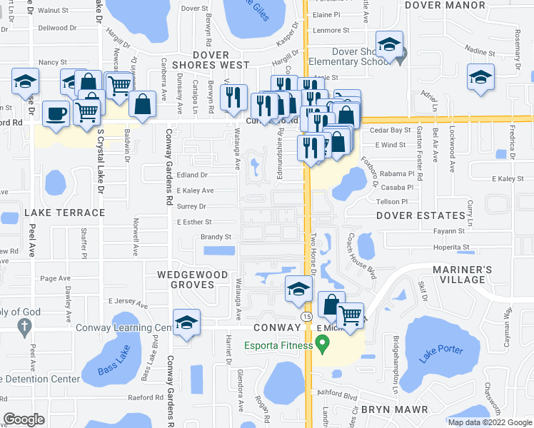 map of restaurants, bars, coffee shops, grocery stores, and more near 1932 South Conway Road in Orlando