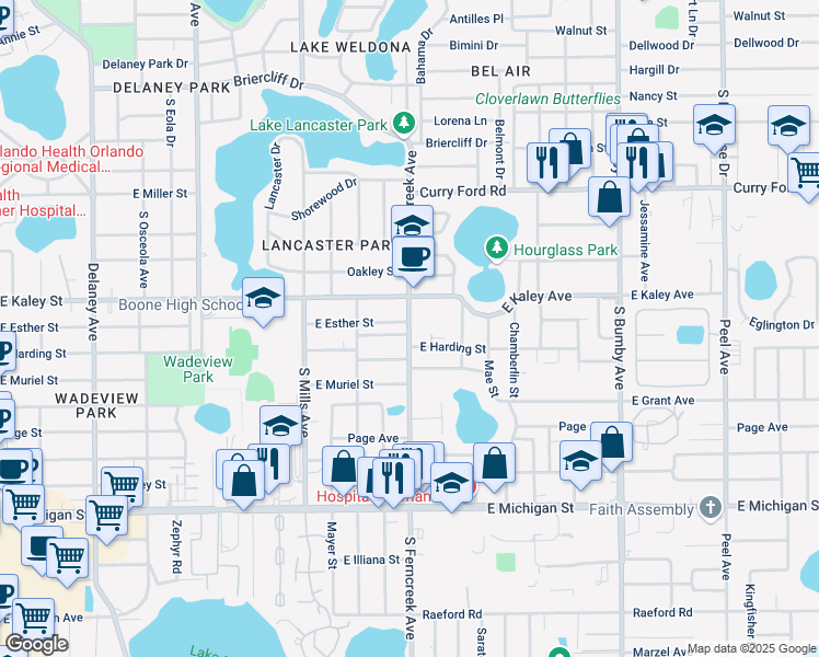 map of restaurants, bars, coffee shops, grocery stores, and more near 1527 East Esther Street in Orlando