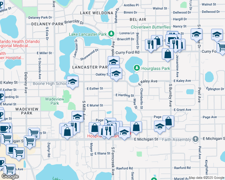 map of restaurants, bars, coffee shops, grocery stores, and more near 1527 East Esther Street in Orlando