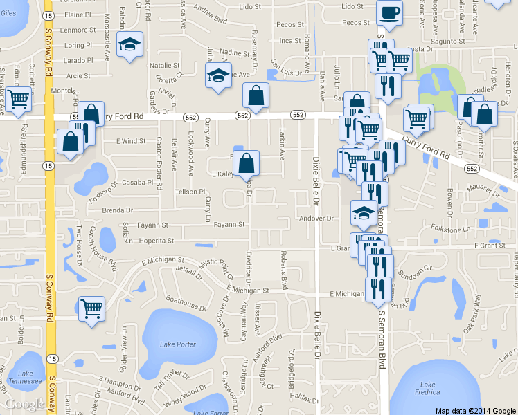 map of restaurants, bars, coffee shops, grocery stores, and more near 5300 Dover Village Lane in Orlando