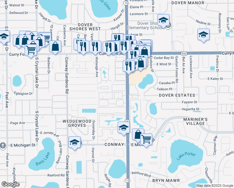 map of restaurants, bars, coffee shops, grocery stores, and more near 1932 South Conway Road in Orlando