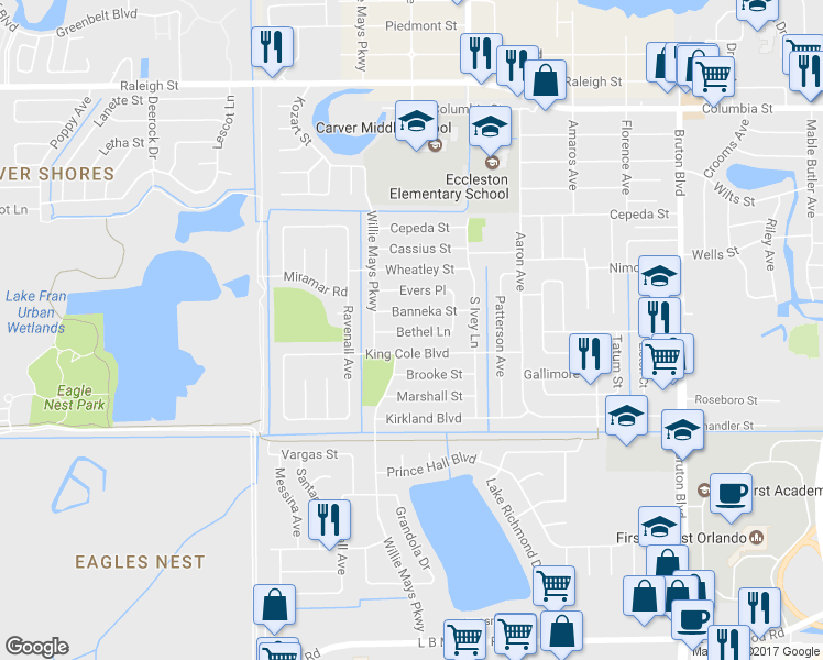 map of restaurants, bars, coffee shops, grocery stores, and more near 4505 Weldon Pl in Orlando
