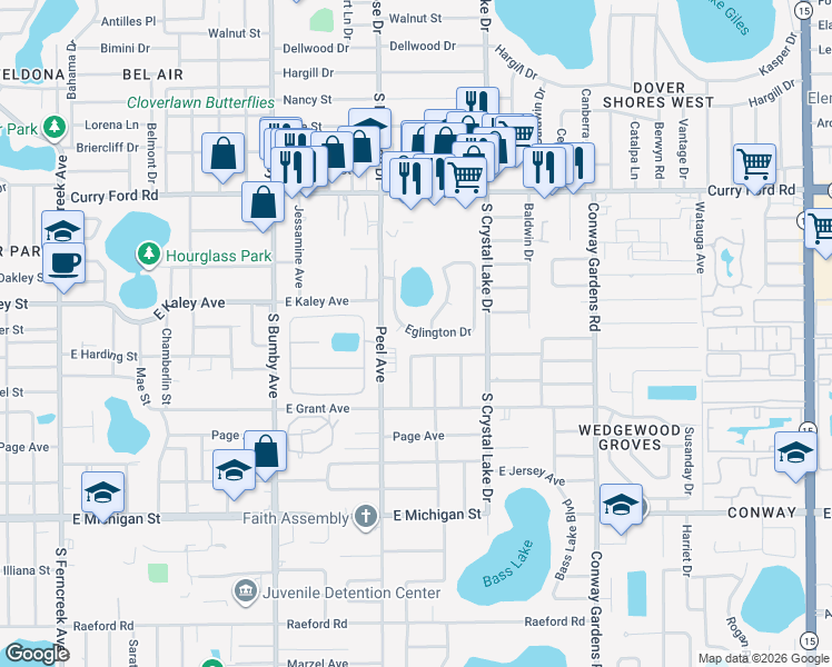map of restaurants, bars, coffee shops, grocery stores, and more near 1988 Burchstone Drive in Orlando
