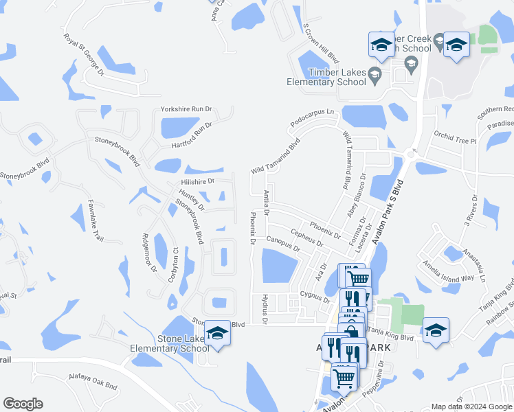 map of restaurants, bars, coffee shops, grocery stores, and more near 13581 Phoenix Drive in Orlando