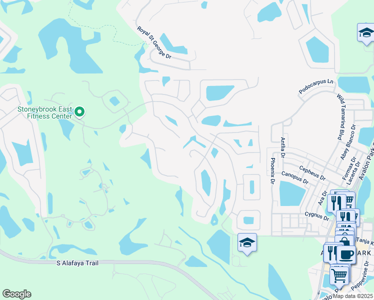 map of restaurants, bars, coffee shops, grocery stores, and more near 2343 Hedgegate Court in Orlando
