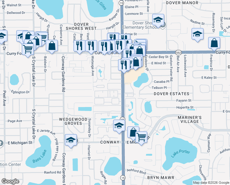 map of restaurants, bars, coffee shops, grocery stores, and more near 1916 South Conway Road in Orlando