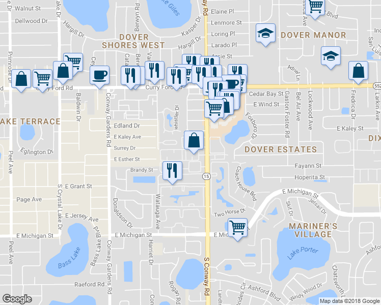 map of restaurants, bars, coffee shops, grocery stores, and more near 1932 South Conway Road in Orlando