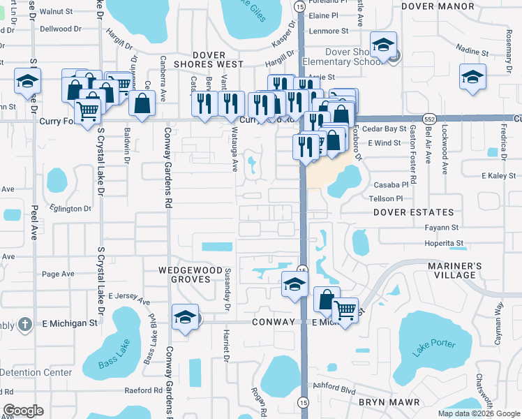 map of restaurants, bars, coffee shops, grocery stores, and more near 1932 South Conway Road in Orlando