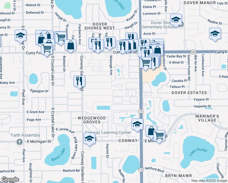 map of restaurants, bars, coffee shops, grocery stores, and more near 1940 South Conway Road in Orlando