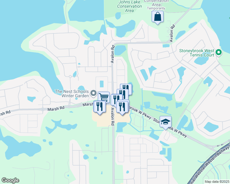map of restaurants, bars, coffee shops, grocery stores, and more near 1102 Priory Circle in Winter Garden