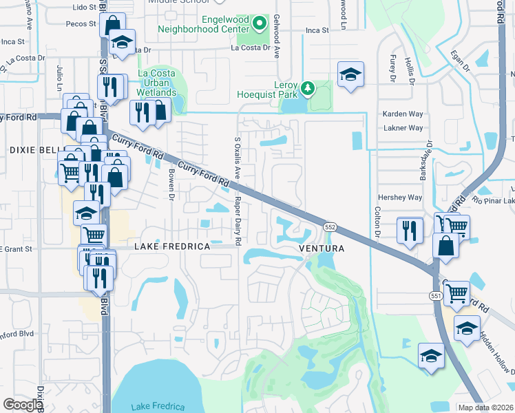 map of restaurants, bars, coffee shops, grocery stores, and more near 2083 Raper Dairy Road in Orlando