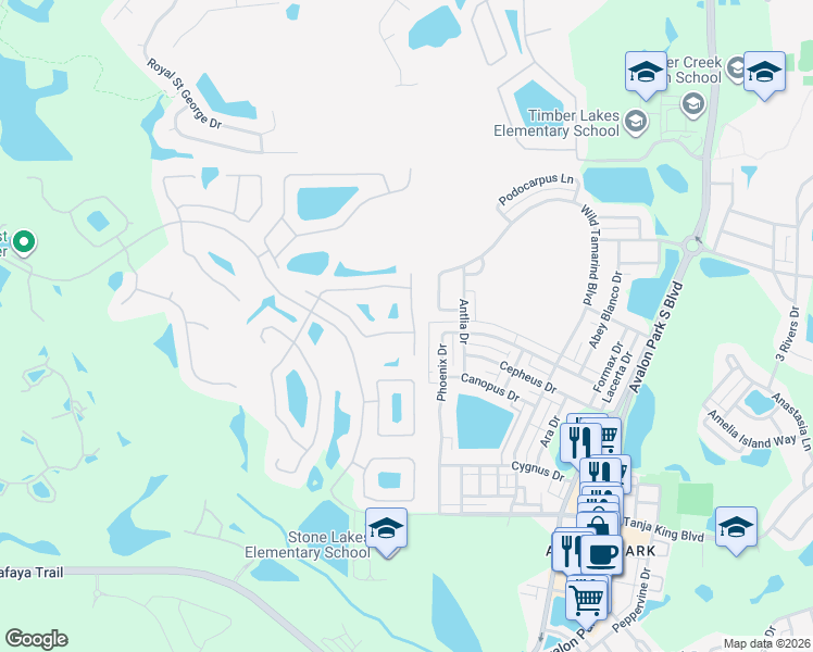 map of restaurants, bars, coffee shops, grocery stores, and more near 14873 Huntley Drive in Orlando