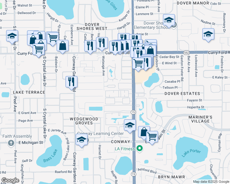 map of restaurants, bars, coffee shops, grocery stores, and more near 1932 South Conway Road in Orlando