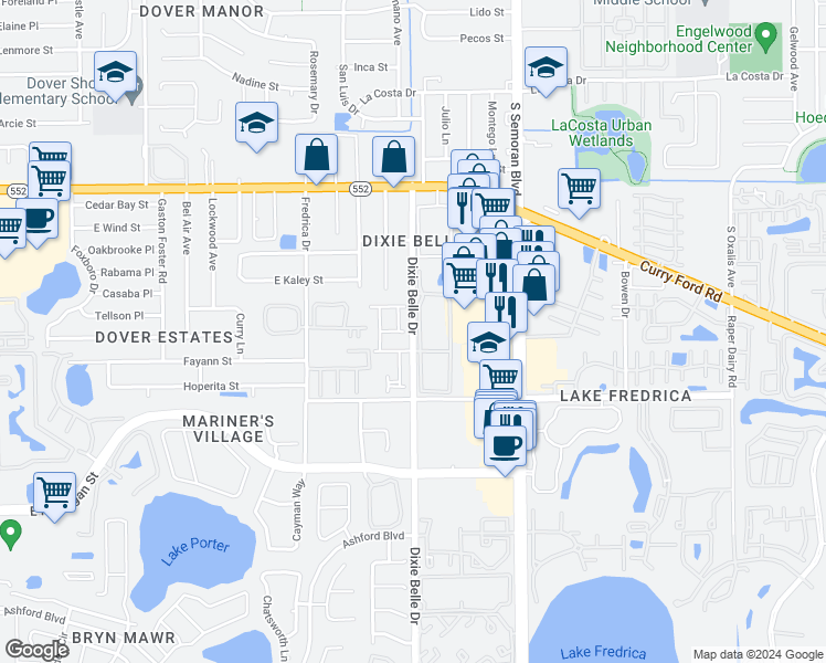 map of restaurants, bars, coffee shops, grocery stores, and more near 2013 South Plainfield Drive in Orlando