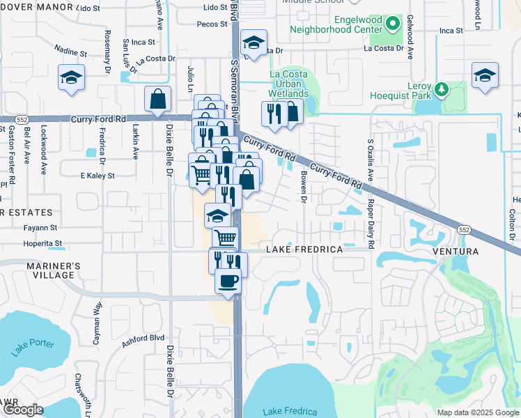map of restaurants, bars, coffee shops, grocery stores, and more near 2031 South Semoran Boulevard in Orlando