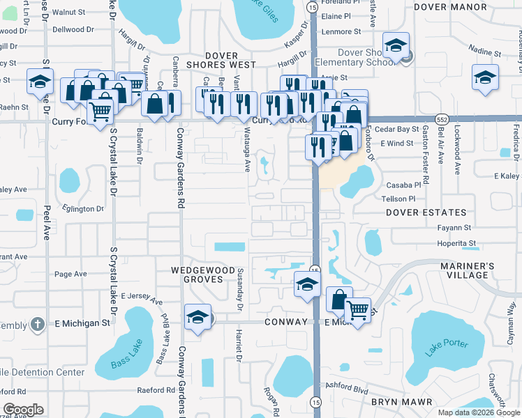 map of restaurants, bars, coffee shops, grocery stores, and more near 1940 South Conway Road in Orlando