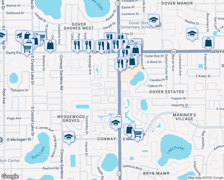 map of restaurants, bars, coffee shops, grocery stores, and more near 1916 South Conway Road in Orlando