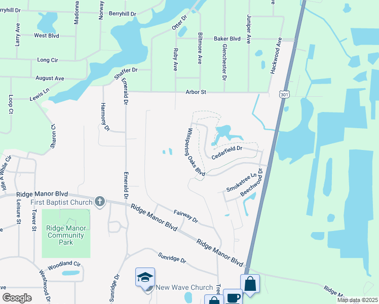map of restaurants, bars, coffee shops, grocery stores, and more near 34379 Whispering Oaks Boulevard in Ridge Manor